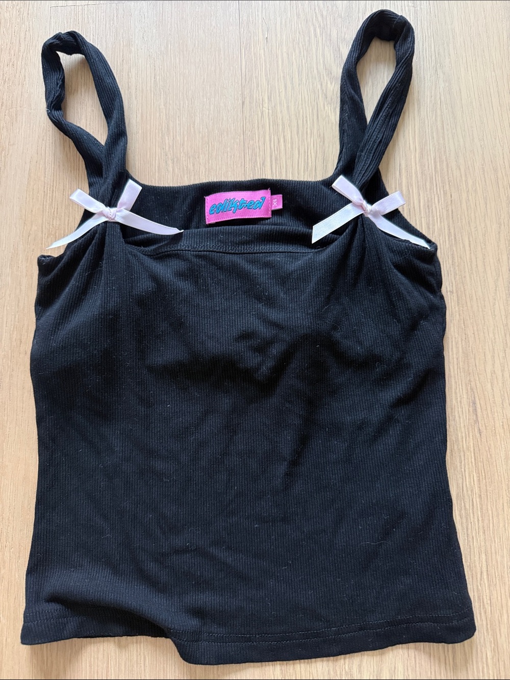 Edikted Black Ribbed Cami with Pale Pink Bow Accents